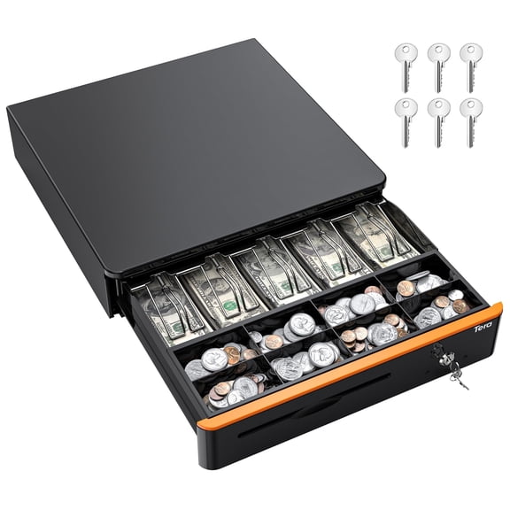 Tera Cash Drawer Cash Box 16 inch with Money Tray and Lock, Heavy Duty Small Business Safe for POS System, 5 Bill 8 Coin