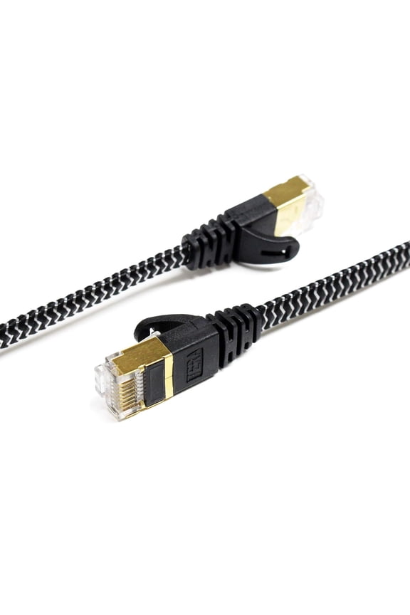 Tera Grand - 12FT - CAT7 10 Gigabit Ethernet Ultra Flat Patch Cable for Modem Router LAN Network - Braided Jacket, Gold Plated Shielded RJ45 Connectors, Faster Than CAT6a CAT6 CAT5e, Black & White
