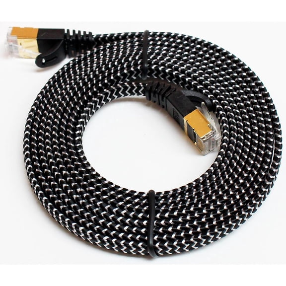 Tera Grand - CAT7 10 Gigabit Ethernet Ultra Flat Patch Cable Modem Router LAN Playstation Xbox - Built with Gold Plated, Shielded RJ45 Connectors Nylon Braided Jacket, 6 Ft Black and White