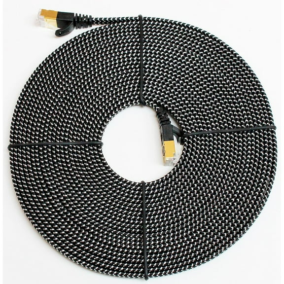 Tera Grand - CAT7 10 Gigabit Ethernet Ultra Flat Patch Cable Modem Router LAN Playstation Xbox - Built with Gold Plated, Shielded RJ45 Connectors Nylon Braided Jacket, 25 Ft Black and White