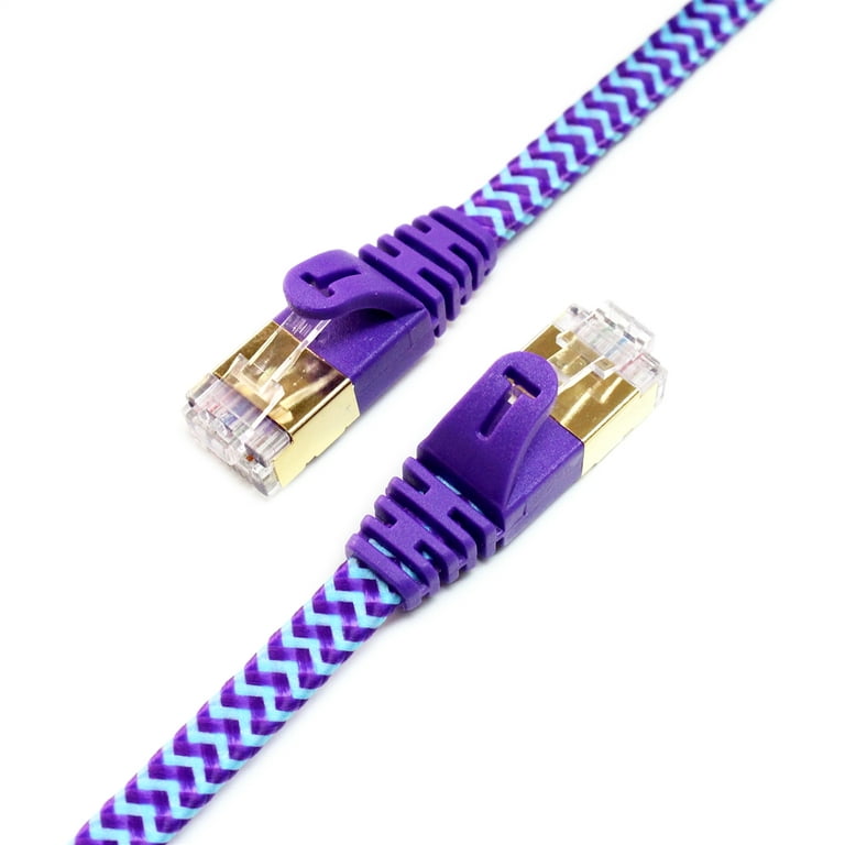 Tera Grand - CAT7 10 Gigabit Ethernet Ultra Flat Patch Cable Modem Router  LAN Playstation Xbox - Built with Gold Plated, Shielded RJ45 Connectors  Nylon Braided Jacket, 12 Ft Purple and Blue 