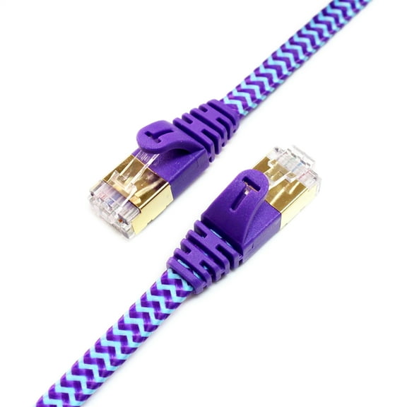 Tera Grand - CAT7 10 Gigabit Ethernet Ultra Flat Patch Cable Modem Router LAN Playstation Xbox - Built with Gold Plated, Shielded RJ45 Connectors Nylon Braided Jacket, 12 Ft Purple and Blue