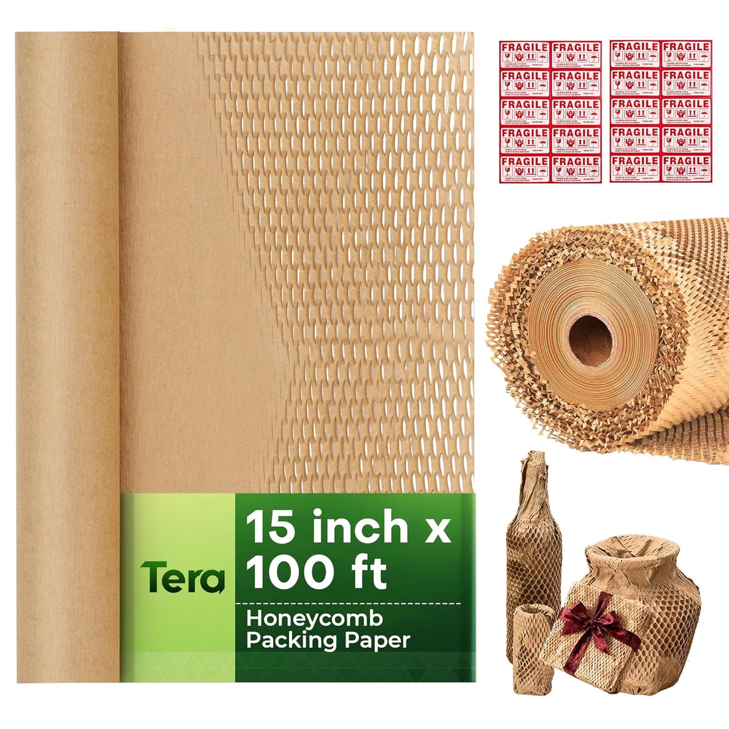 Honeycomb Packing Paper Eco-friendly: 15"x100' Cushioning Wrap Roll for Moving Shipping Packaging Gift Recyclable Supplies Substitute Bubble with 20 Fragile Sticker Labels