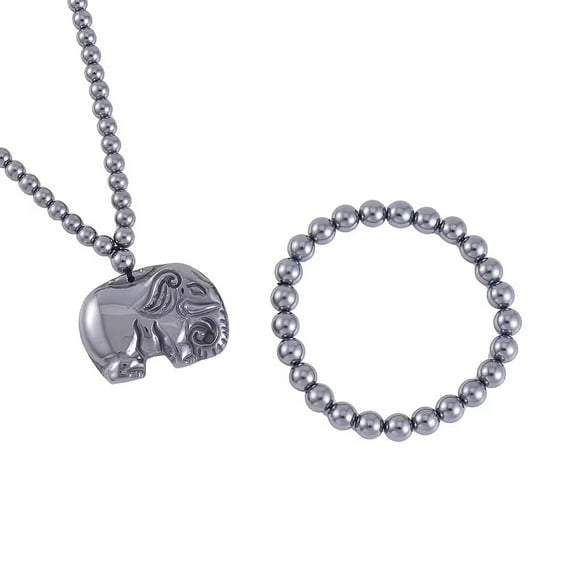 Terahertz Carved 925 Sterling Silver Rhodium Plated Beaded Bracelet Elephant Pendant Beaded Necklace Jewelry Set for Women Size 20" Ct 240.26 Birthday Christmas Gifts for Women
