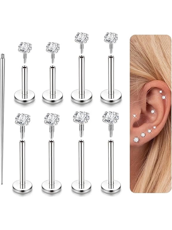 16G 18G Flat Back Earrings Studs-Hypoallergenic Surgical Stainless Steel Cartilage Earring for Women Internally Threaded Cubic Zirconia Nose Stud Lip Medusa Tragus Helix Piercing Jewelry