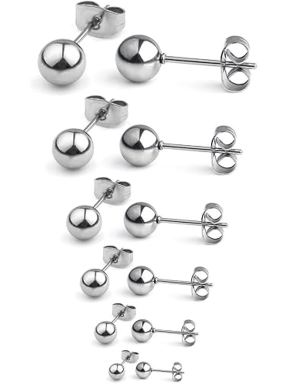 20G Stainless Steel Ball Stud Earrings for Men Women Round 3-8mm 6Pairs