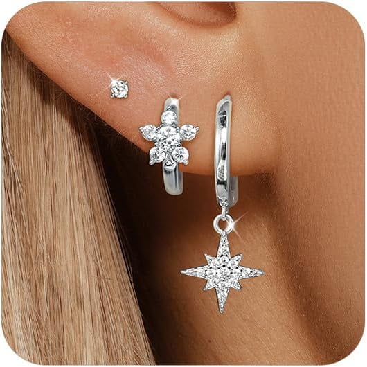 Terandius 3-Pair Silver-Tone Earring Set for Women – Huggie Hoops, CZ Studs & Dangle Earrings, Hypoallergenic Cartilage Stack Jewelry Gift for Her