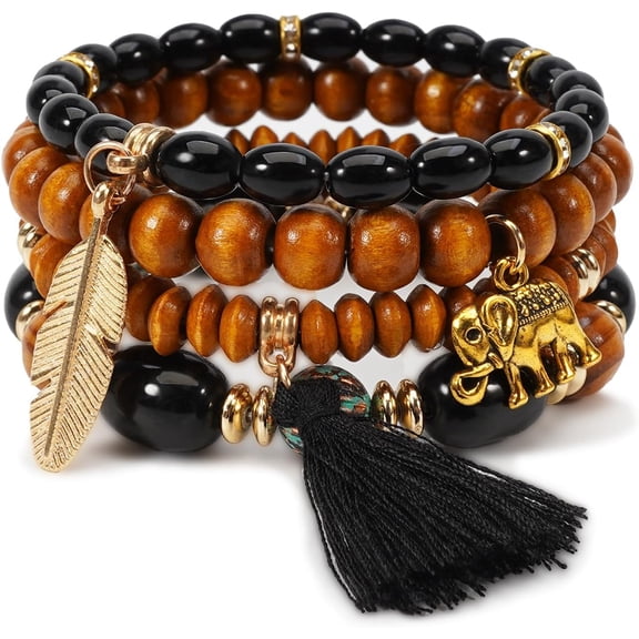 Terandius 4PCS Boho Wooden Beaded Bracelet Set, Natural Wood & Glass Beads Stackable Stretch Bracelets with Feather Elephant Charms, Layered Bohemian Fashion Jewelry Gift for Women Men