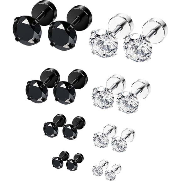 Terandius 6Pairs Hypoallergenic Flat Back Earrings 316L Stainless Steel Studs for Sensitive Ears, 3-8mm Cubic Zirconia, Stylish Jewelry for Women Men - Silver
