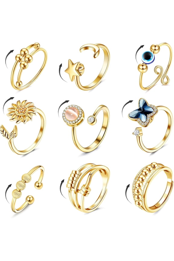 9 Pcs Fidget Anxiety Rings for Women Men Spinner Rings for Anxiety Relieving Stress Open CZ Flower Moon Star Anti Rotatable Rings Adjustable