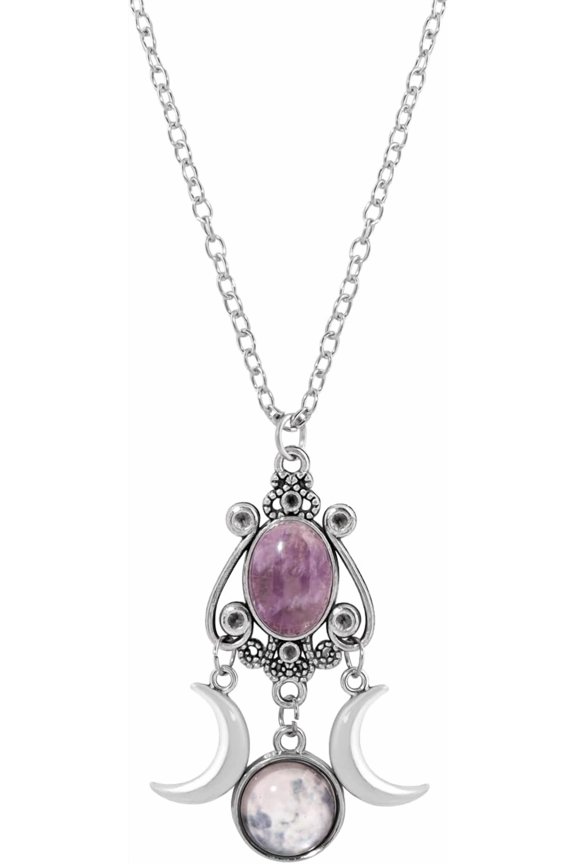Bohemian Ethnic Retro Style Amethyst-toned Pendant Necklace, Purple Moon and Half Moon, Long Jewelry for Women