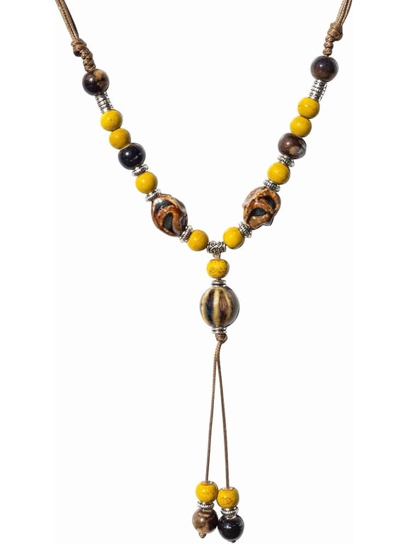 Boho Y-Shape Long Ceramic Beaded Necklace - Adjustable Brown Wax Cord with Sliding Knot, Colorful Handmade Jewelry for Women, Fall & Summer Fashion, Gift for Her
