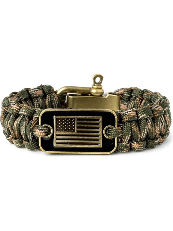 Camo Paracord Survival Bracelet for Men – Tactical Military Bracelet with Bronze USA Flag, Adjustable Emergency Rope Bracelet Gift for Veterans & Outdoor Enthusiasts