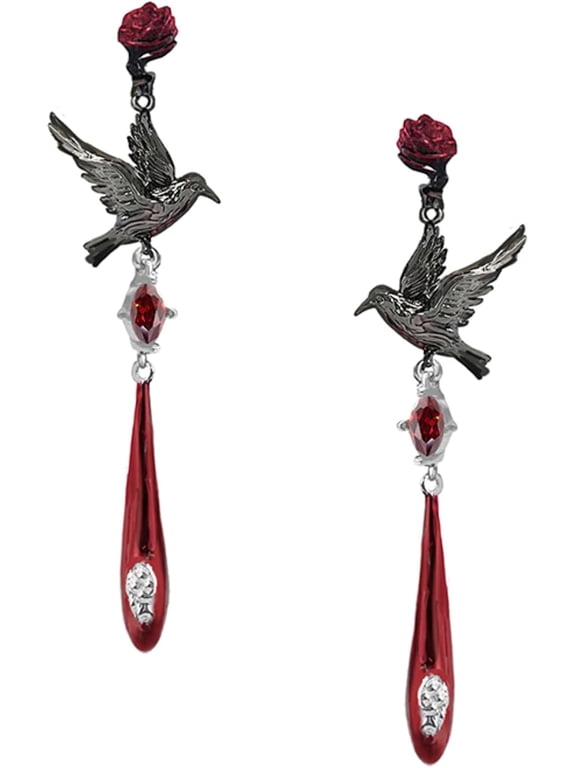 Crow Rose Earrings for Women, Red Teardrop Dangle Earrings with Cubic Zirconia, Gothic Halloween Jewelry Gift for Her, Birthday Anniversary Christmas