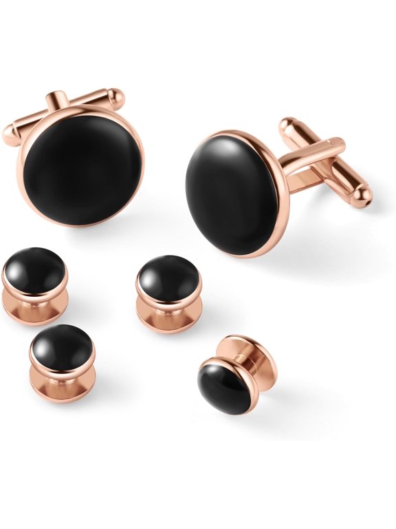 Cufflinks and Tuxedo Studs Set 316L Stainless Steel Black Enamel 2 Cufflinks 4 Studs Gift Box for Men Wedding