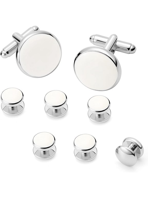 Cufflinks and Tuxedo Studs Set 316L Stainless Steel White Enamel 2 Cufflinks 6 Studs Gift Box for Men Wedding