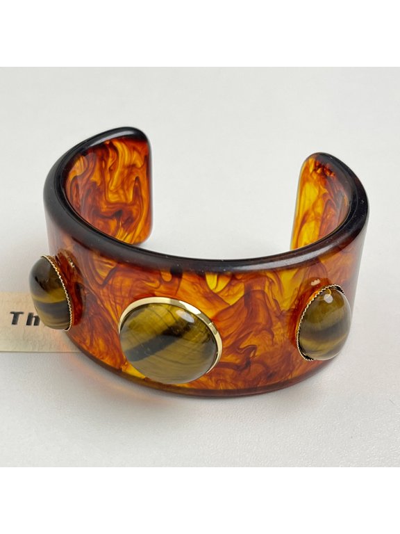 French Retro Niche Design Wide Open Cuff Bangle – Handmade Resin Statement Bracelet with Colorful Cabochon Accents, Light Luxury Jewelry for Women