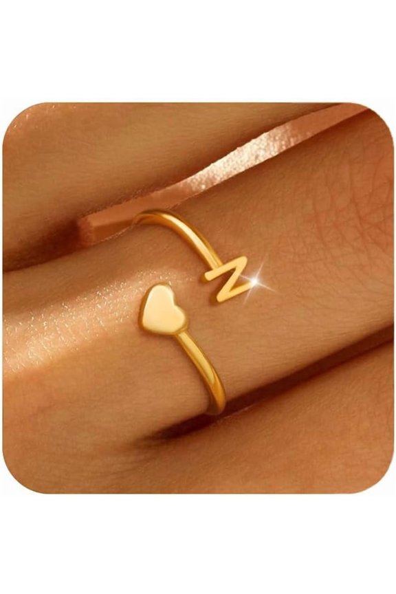 Gold Initial Rings for Women Non Tarnish 18K Gold Plated Heart Initial Stackable Rings Adjustable Pinky Rings for Women Cute Dainty Alphabet Capital Letter Rings Jewerly Gift