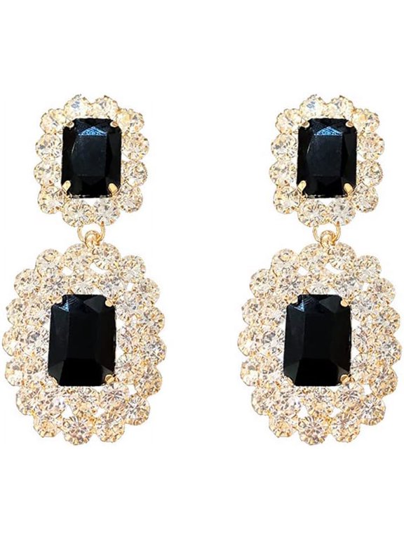 Gold Plated Black Glass Rectangle Dangle Earrings for Women Clear Rhinestone Cluster Drop Earrings Wedding Party Prom Jewelry Gift for Mom Wife Sister