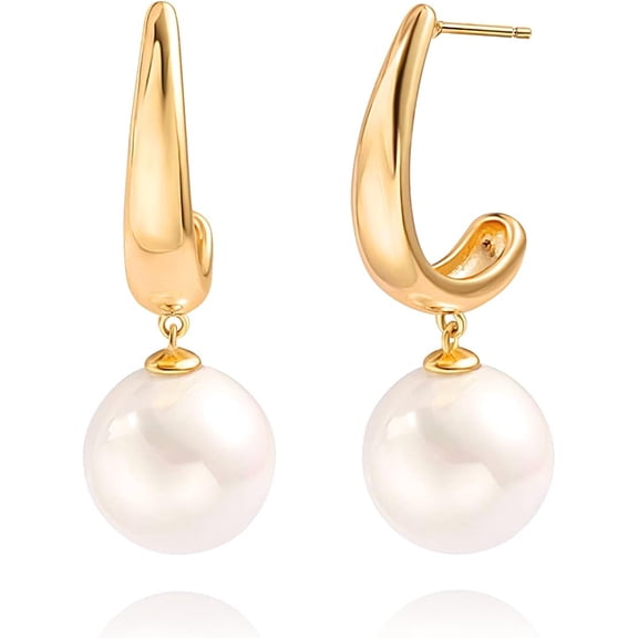 Terandius Gold Plated C-Hoop Pearl Drop Earrings for Women - 16mm Open Hoop Stud with 12mm Faux Pearl Dangle, Lightweight Minimalist Jewelry Gift