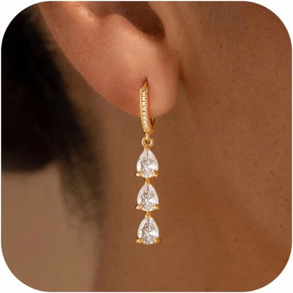 Terandius Gold Plated CZ Huggie Drop Earrings for Women - Triple Pear-Shaped Dangle Earrings with Pave Hoop, Lightweight Wedding Jewelry Gift