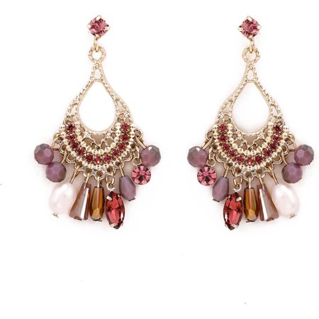 Terandius Gold Plated Chandelier Earrings for Women Pink Resin Faux Pearl Fringe Dangle Drop Vintage Style Wedding Party Prom Jewelry Gift for Mom Wife Sister