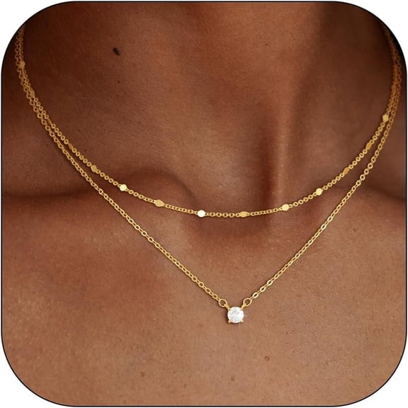 Terandius Gold Plated Cubic Zirconia Layered Necklace for Women 2 Pieces Dot Chain and Solitaire Pendant Minimalist Party Prom Jewelry Gift for Mom Wife Sister