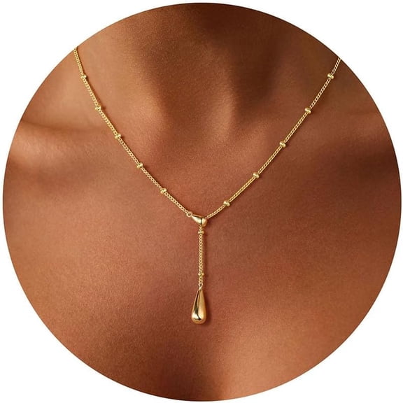 Terandius Gold Plated Teardrop Pendant Necklace for Women, Dainty Small Pendant Jewelry with Beaded Chain, Adjustable, Gift for Mom Wife Sister