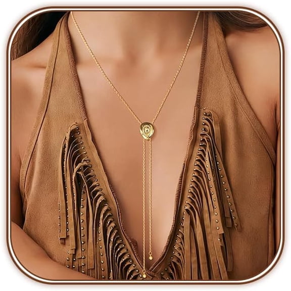 Terandius Gold Plated Western Hat Necklace for Women Long Bolo Tie Y Necklace Adjustable Pull Through Cowgirl Style Party Prom Jewelry Gift for Mom Wife Sister