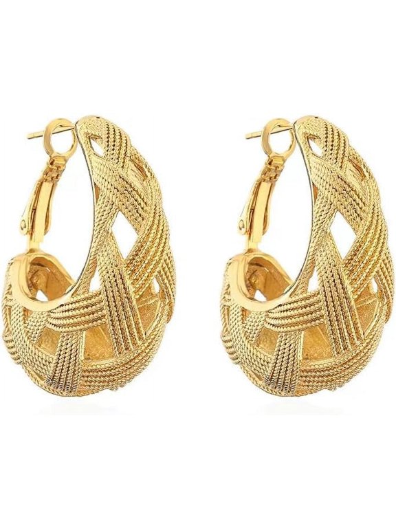 Gold Plated Woven Hoop Earrings for Women, Oval Open Lattice Drop Earrings, 18mm Wide Hypoallergenic Lightweight Vintage Jewelry Gift for Her Wedding Party