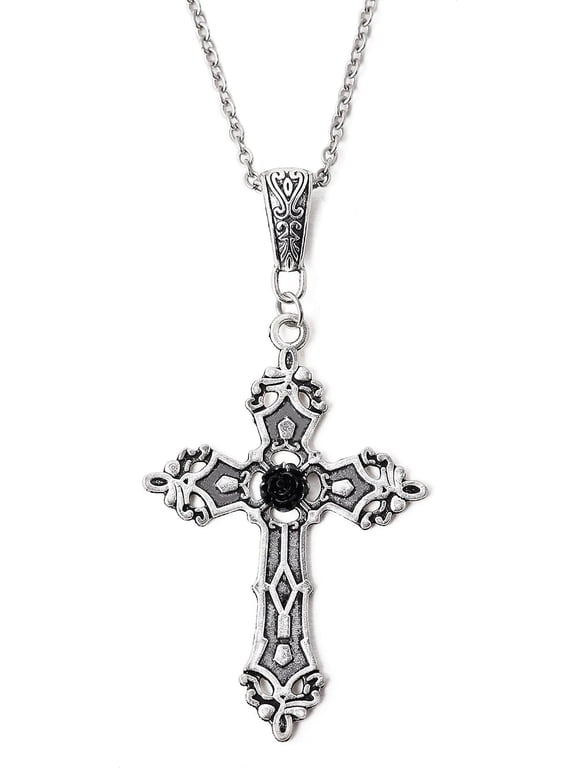 Gothic Cross Necklace, Black Rose Detail Pendant, Zinc Alloy Stainless Steel, 19.6" Chain + 2" Extender, Halloween Gift