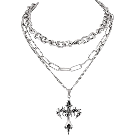 Terandius Gothic Layered Cross Choker Necklace for Women, 3-Layer Chain with Cross Pendant, Grunge Y2K Jewelry, Adjustable, 1 Piece