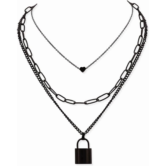 Terandius Gothic Silver-Tone, Black Layered Heart Lock Necklace, Emo Grunge Punk Necklace, Goth Jewelry, Halloween Christmas Jewelry Gift For Women