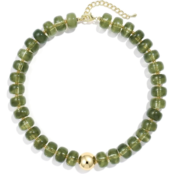 Terandius Green Resin Beaded Necklace for Women - 16 Inch Adjustable Choker with 14K Gold Plated Center Bead, Summer Jewelry Gift