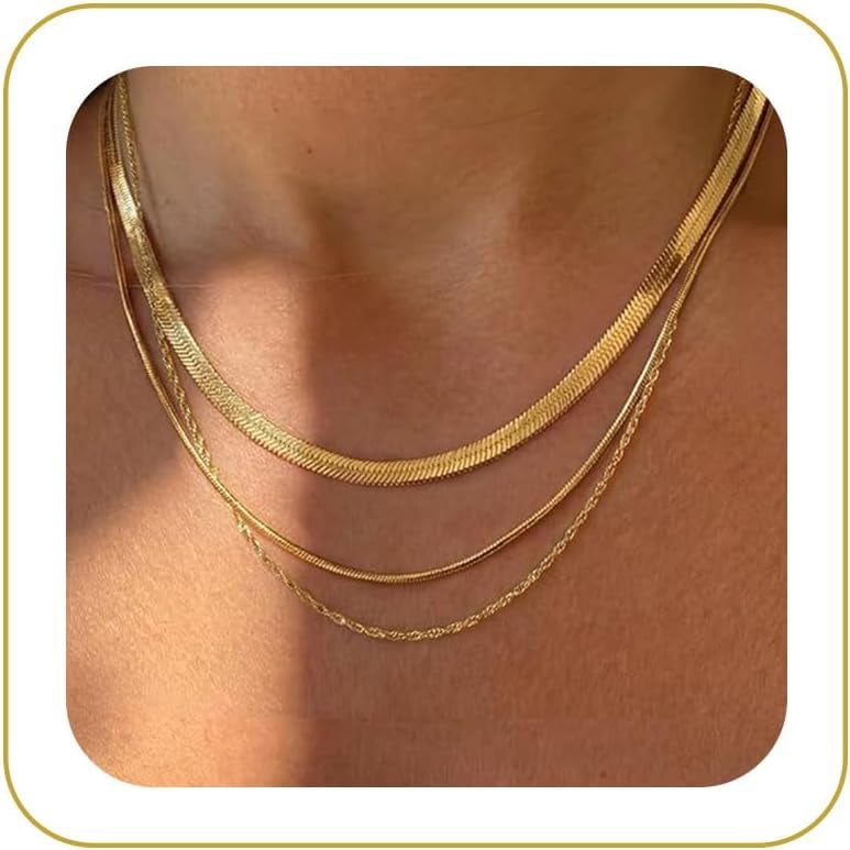 Terandius Layered Necklace Set for Women, 14K Gold Plated Herringbone ...