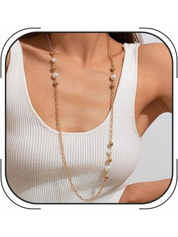 Long Faux Imitation pearl Necklace for Women – Elegant Multi-Layer Sweater Chain with Adjustable Length, Versatile Statement Jewelry for Evening Wear, Banquets & Special Occasions