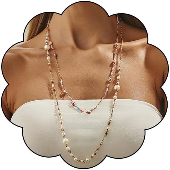 Terandius Long Layered Faux Pearl Necklace for Women - Gold-Tone Chain with Crystal Bead Accents, Adjustable Statement Jewelry for Casual & Formal Wear, Gift for Her