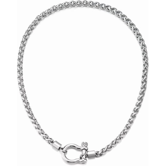 Terandius Mens Women Stainless Steel Wheat Chain Necklace With Horseshoe Shackle Clasp, Nautical Anchor Buckle Closure, Statement Jewelry