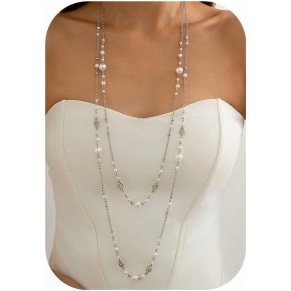Terandius Multi-Layered Faux Imitation pearl Necklace – Silver-Tone Chain Y-Necklace with Lustrous Imitation pearl Accents, Adjustable Fashion Jewelry for Casual & Formal Wear, Gift for Her