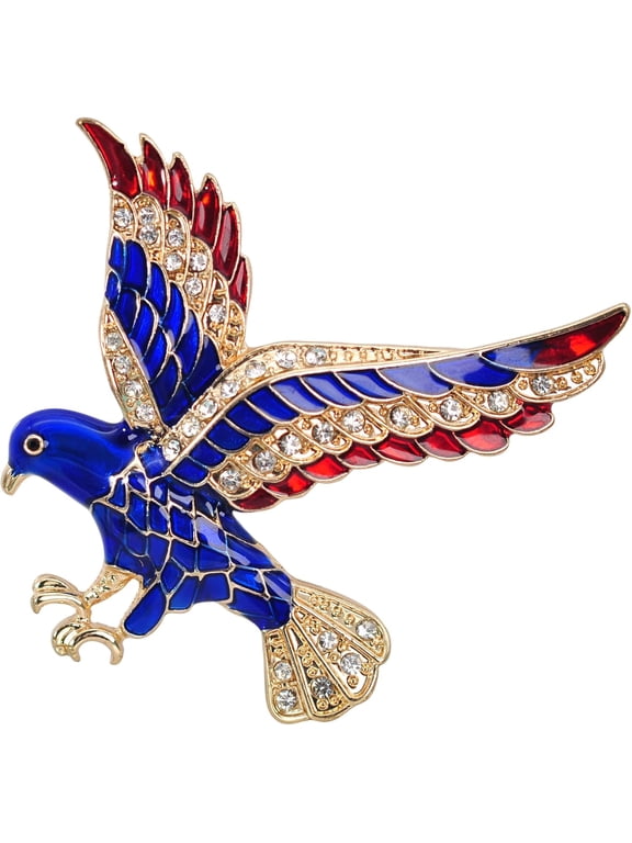 Red & Blue Enamel Eagle Brooch Pin Patriotic Flying Bird Jewelry with Clear CZ Accents, Gold-Tone USA American Flag Style Lapel Pin
