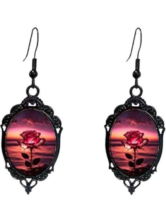 Red Rose Cameo Dangle Earrings for Women, Vintage Glass Flower Drop Earrings, Gothic Victorian Jewelry Gift for Her, Birthday Halloween Christmas