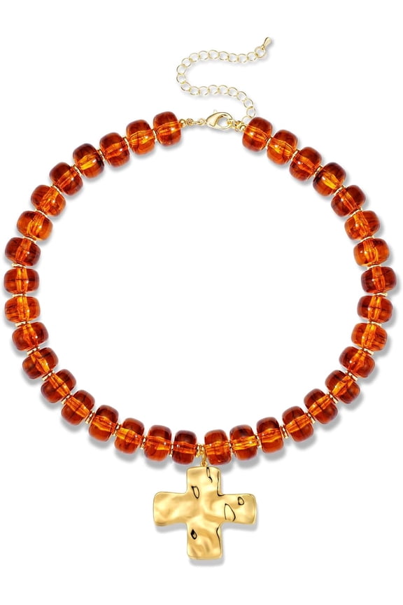 Resin Chunky Beaded Necklaces for Women 14k Gold Plated Cross Statement Necklace Large Hammered Cross Necklace Chunky Beaded Jewelry Women Trendy