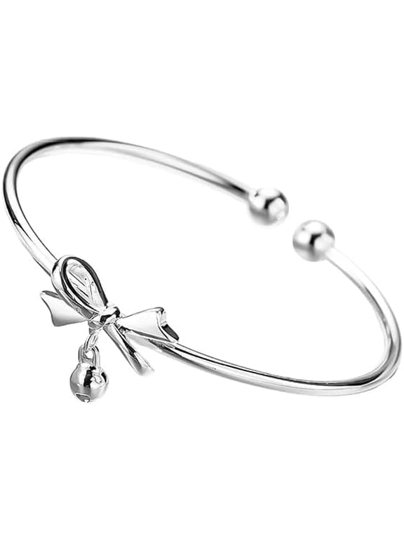 Silver Plated Bow Bell Cuff Bracelet for Women, Adjustable Open Bangle with Bowknot and Bell Charm, Gift for Her