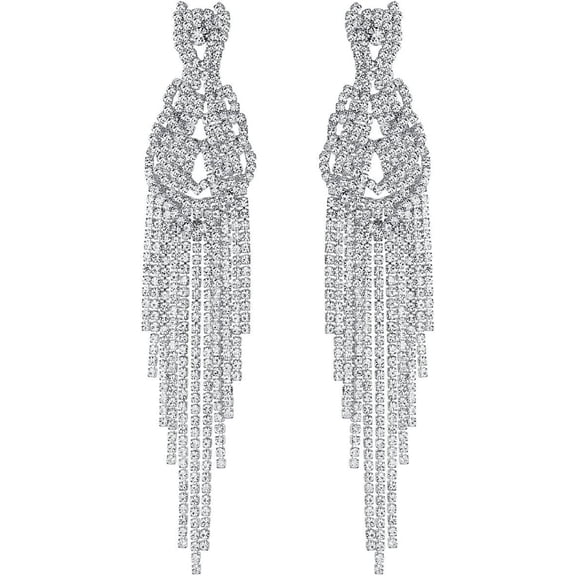 Terandius Silver Plated Clear Rhinestone Chandelier Earrings for Women Long Fringe Dangle Drop Statement Earrings Wedding Party Prom Jewelry Gift for Mom Wife Sister