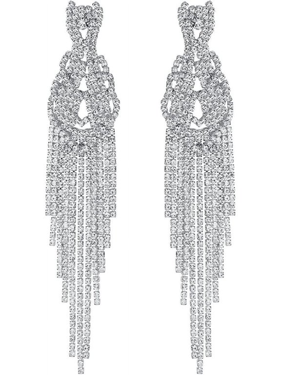 Silver Plated Clear Rhinestone Chandelier Earrings for Women Long Fringe Dangle Drop Statement Earrings Wedding Party Prom Jewelry Gift for Mom Wife Sister