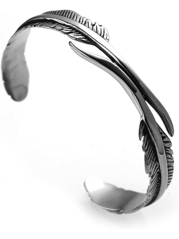 Silver Plated Feather Cuff Bracelet for Women and Men, Adjustable Open Bangle with Vintage Leaf Design, Gift for Him and Her
