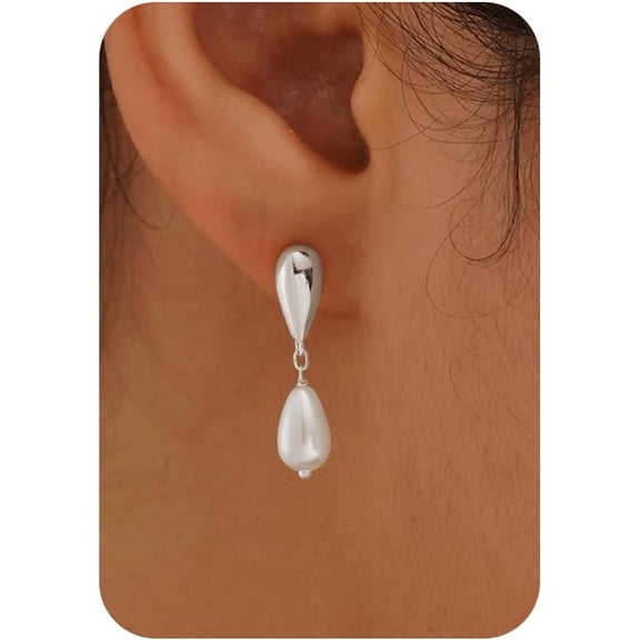 Terandius Silver Plated Pearl Drop Earrings for Women - Teardrop Dangle Earrings with Faux Pearl, Lightweight Wedding Jewelry Gift