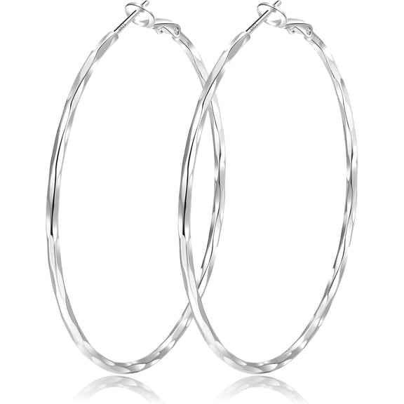 Terandius Silver Textured Hoop Earrings for Women, 2MM Thin Large Hoops 70mm, Stainless Steel Post, Lightweight Oversize Jewelry Gift for Her, Birthday Anniversary Christmas