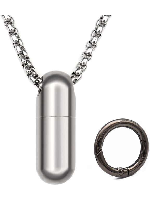 Titanium Pill Holder Necklace, Small Pill Fob Keychain with 28" Rolo Chain, Mini Travel Pill Case, Gift for Men and Women