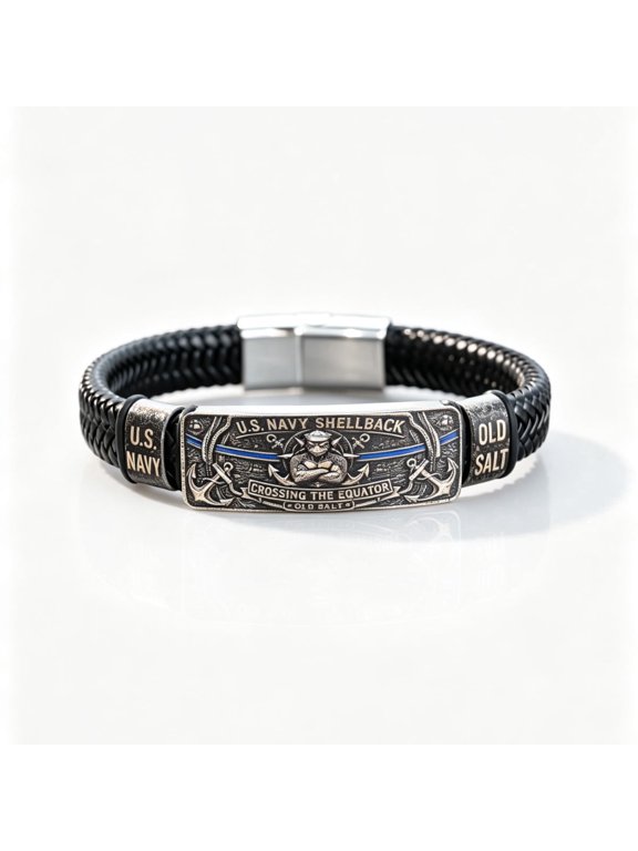 US Navy Shellback Vintage Woven Bracelet for Men - Stainless Steel Anchor Charm Wristband, Nautical Veteran Gift 22cm